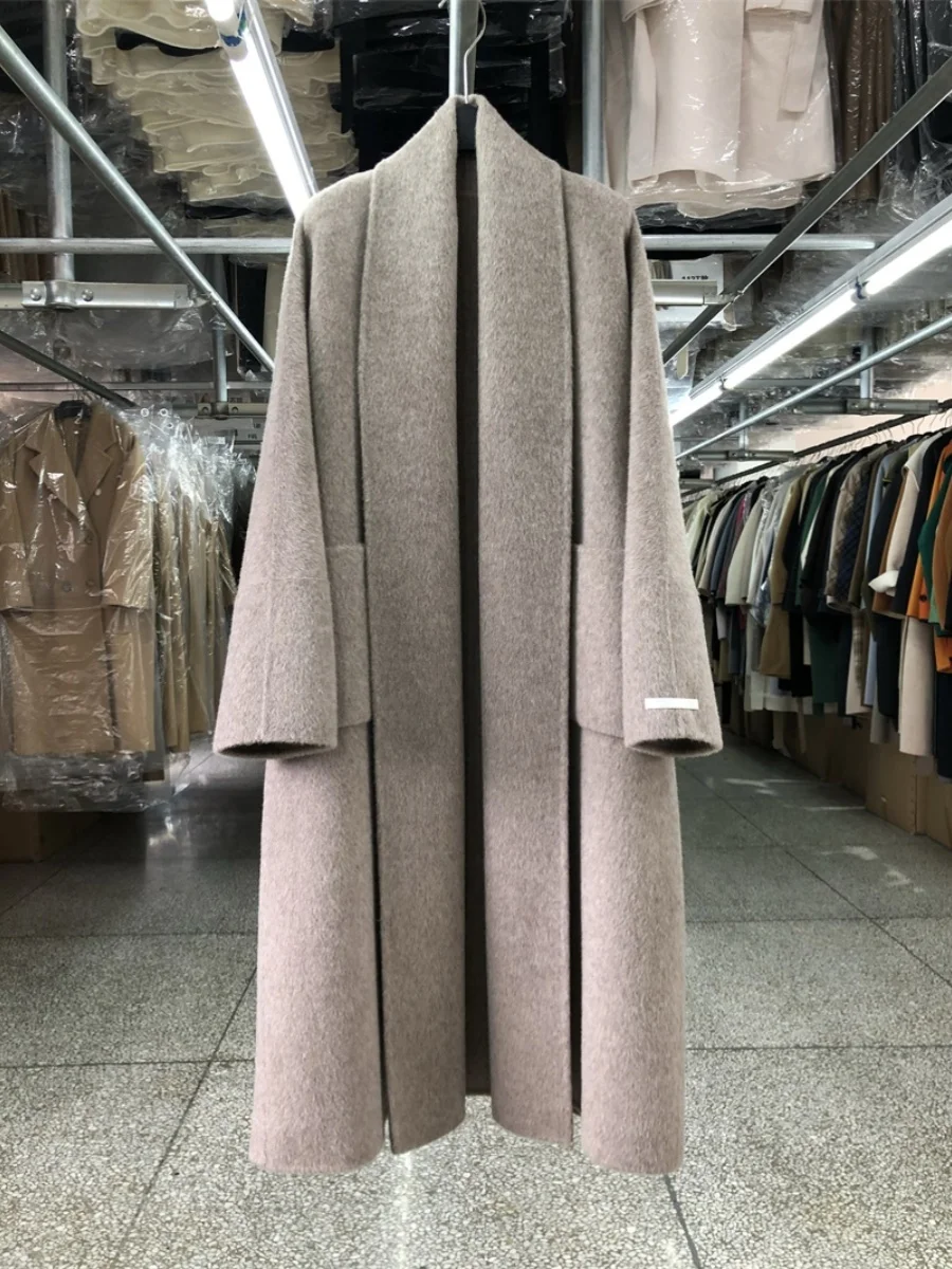 Cappotto in cashmere double face stile accappatoio con colletto grande per donna Autunno Inverno Cappotti lunghi di lana belli Cappotto di lana semplice allentato