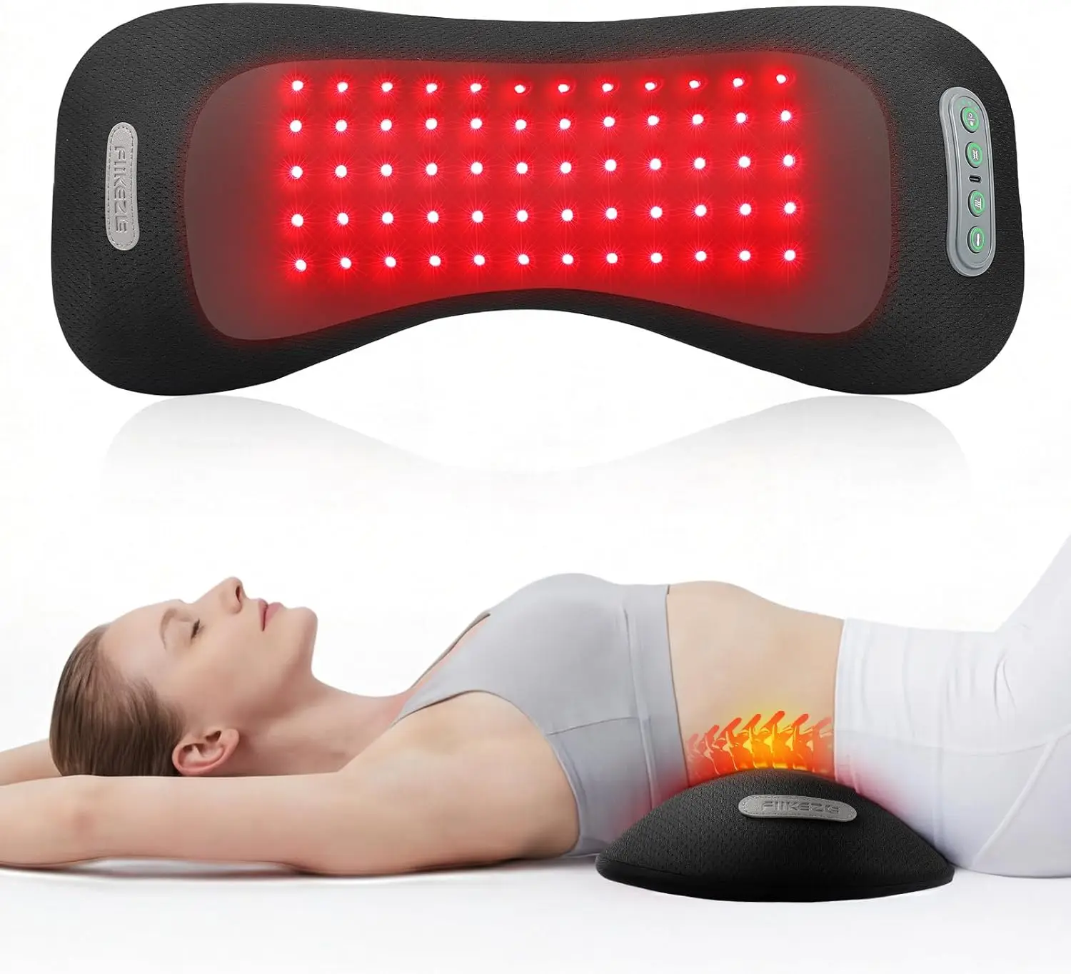 

4-in-1 Lumbar Support Pillow: Cordless Rechargeable 5000mAh, Red Light Therapy, Vibration, Airbag Traction & Heating for Pain Relief