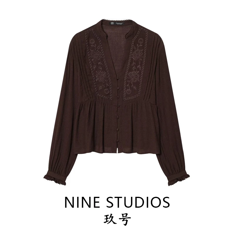 

Свободный повседневный топ с V-образным вырезом, однотонный, с вышивкой, длинный рукав, универсальный, для женщин, дышащий, из хлопка и полиэстера, весенний сезон