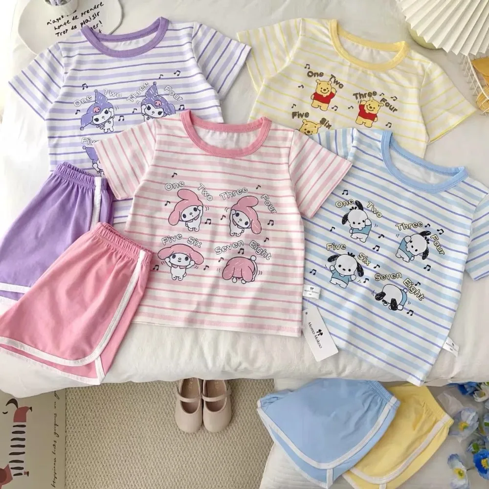

2025 My Melody Anime Kawaii Sanrio Ins Fashion Short Sleeve Shirt Pants Set Cute Pochacco Kuromi Breathable Casual Clothes Toys