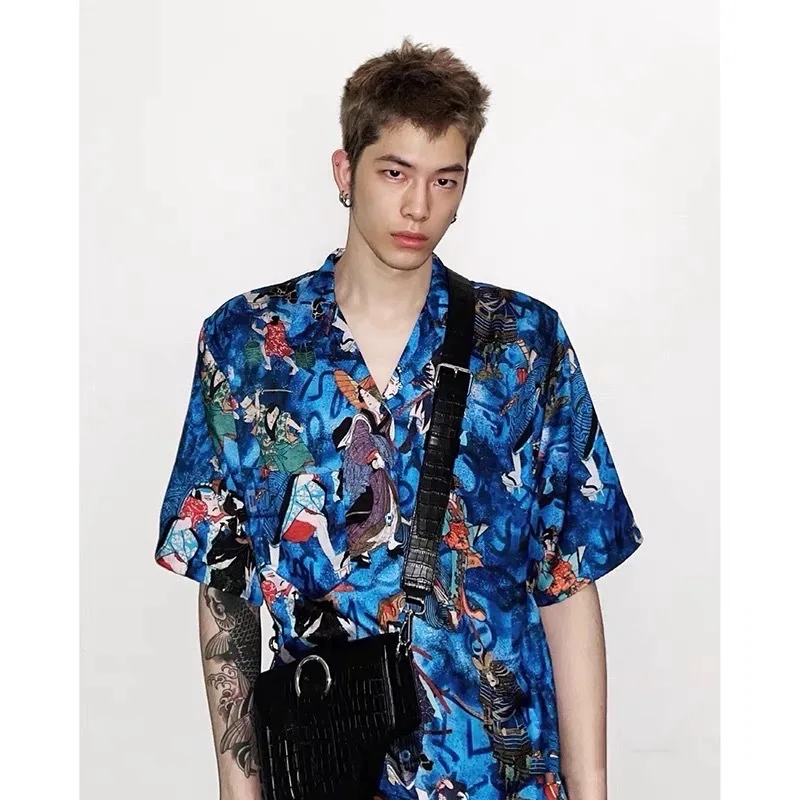 Summer High Street Vintage Beach Short Sleeve Loose Pullover Lapel T-shirt Casual Breathable High Quality Men's Shirt