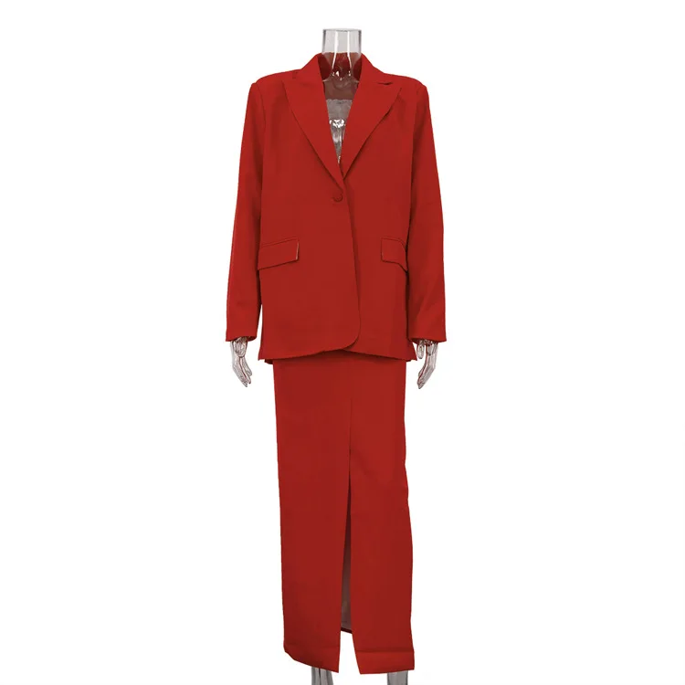 Immagine 5: Completo elegante da donna europeo e americano, casual da lavoro, con gonna lunga a spacco e blazer a maniche lunghe con risvolto, di alta gamma.
