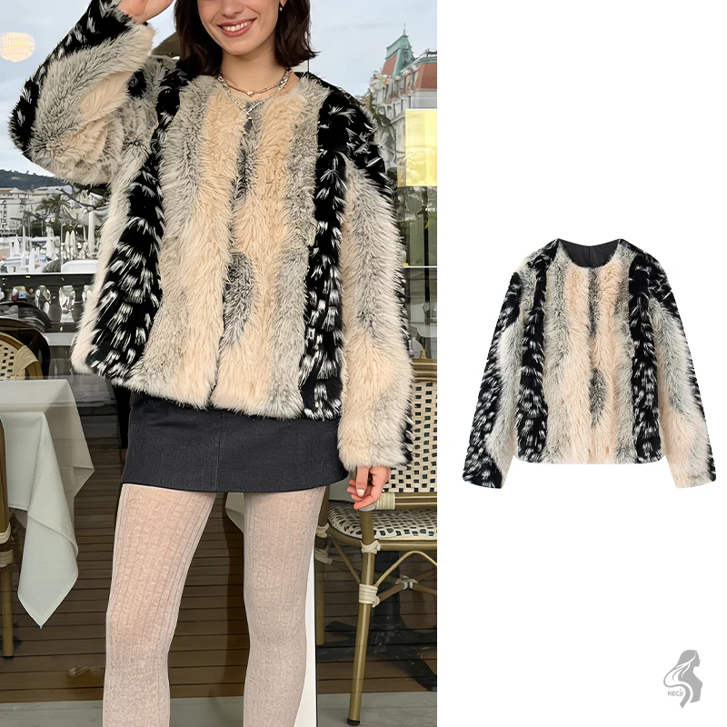 

Woman Clothes Color Block Plush Jacket For Women Round Neck Short Style Autumn And Winter Light Luxury Fashion Commuter Jacket