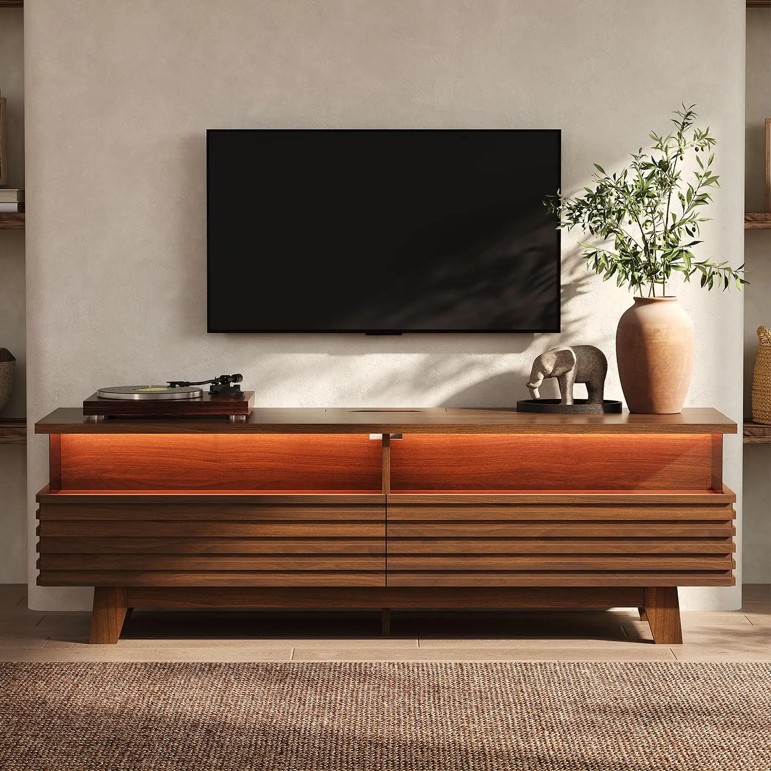 TV Stand Entertainment Center with LED Lights Power Outlet Cable Management Walnut 59