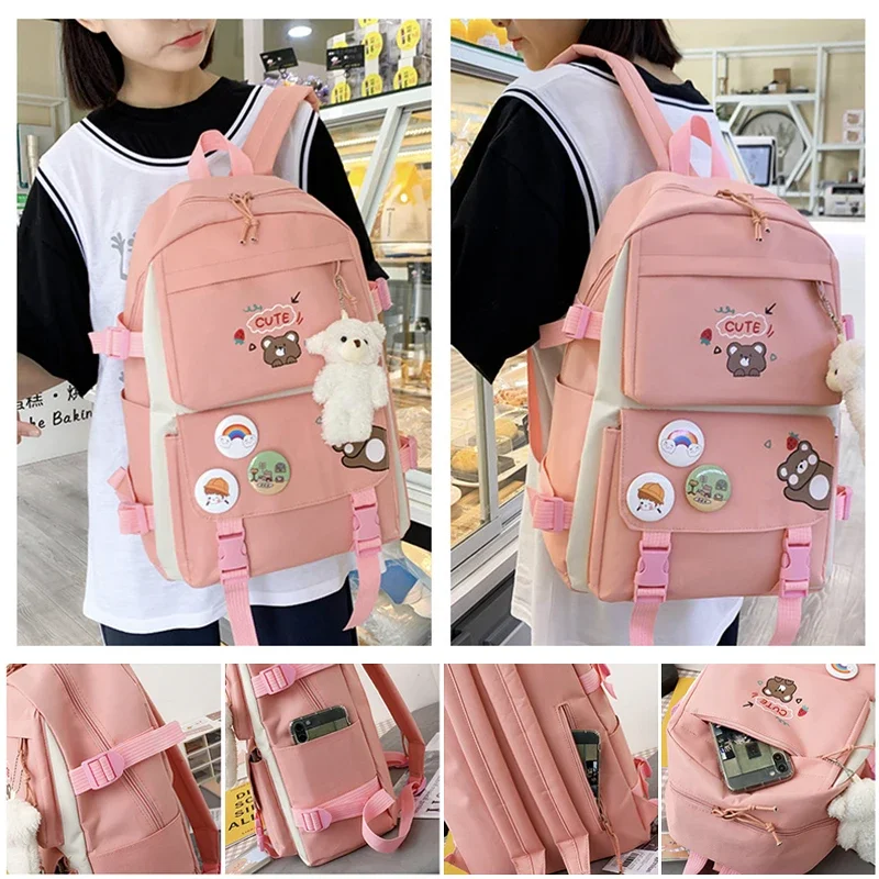 5Pcs/Set Cute School Bags for Girls Backpack Kids Double Shoulders Bag Oxford Cloth Handbag Coin Purse Pencil Bag Crossbody Bag