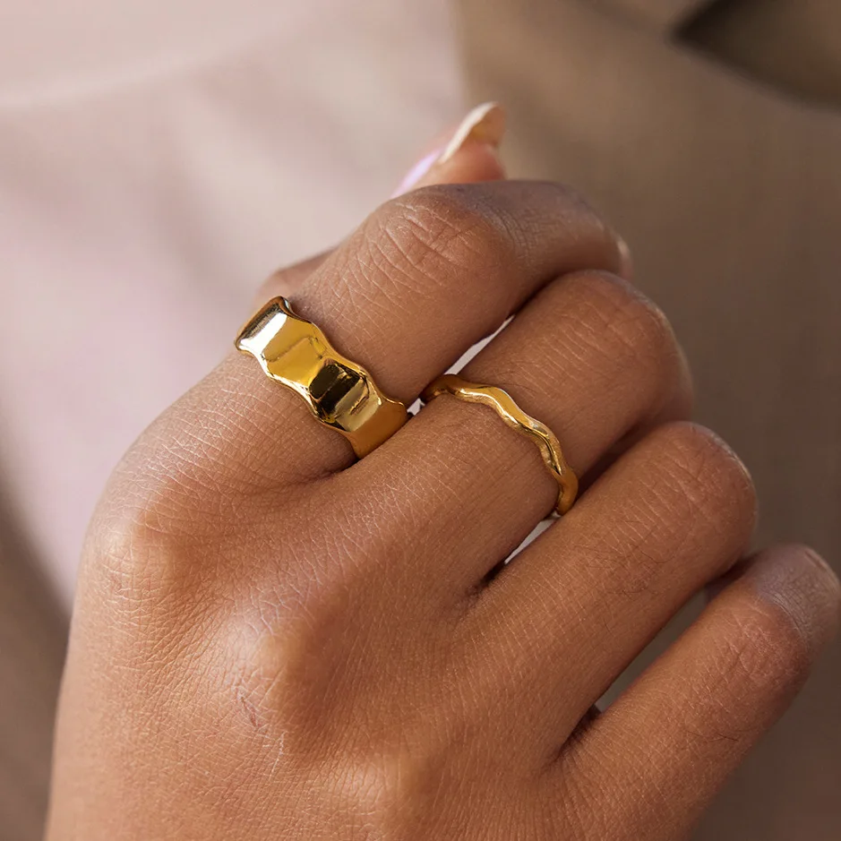 2pcs Stainless Steel Irregular Wave Open Rings for Women Creative Gold Color Adjustable Opening Rings Female Statement Jewelry