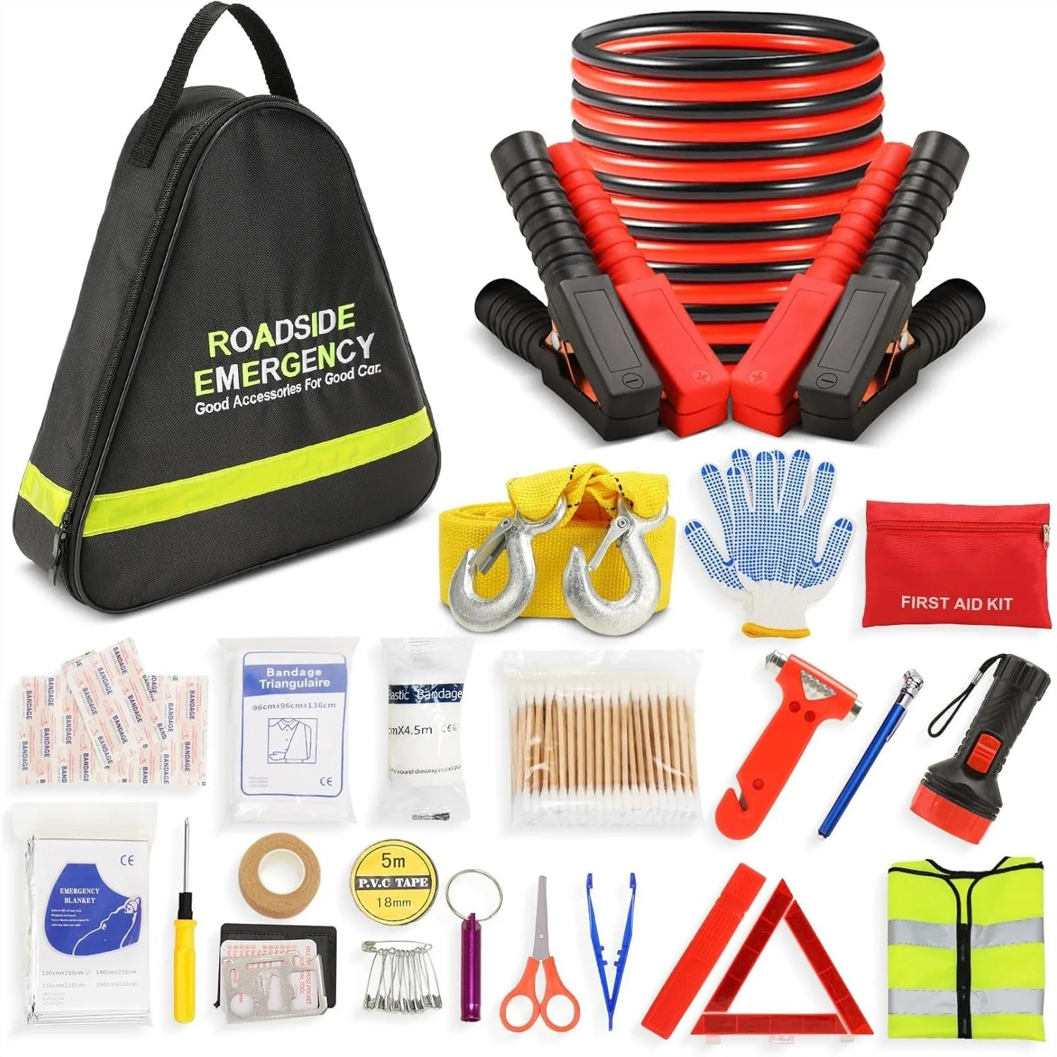 

Car Emergency Kit with Jumper Cables, Roadside Safety Kit for Vehicle Truck Motorcycle - Compact Storage, Black