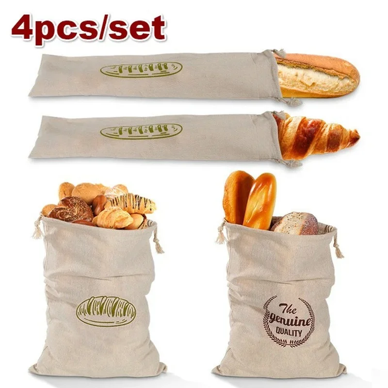 

4PCS SET Linen Bread Bags Reusable Drawstring Bag for Loaf Homemade Artisan Bread Storage Bag Linen Bread