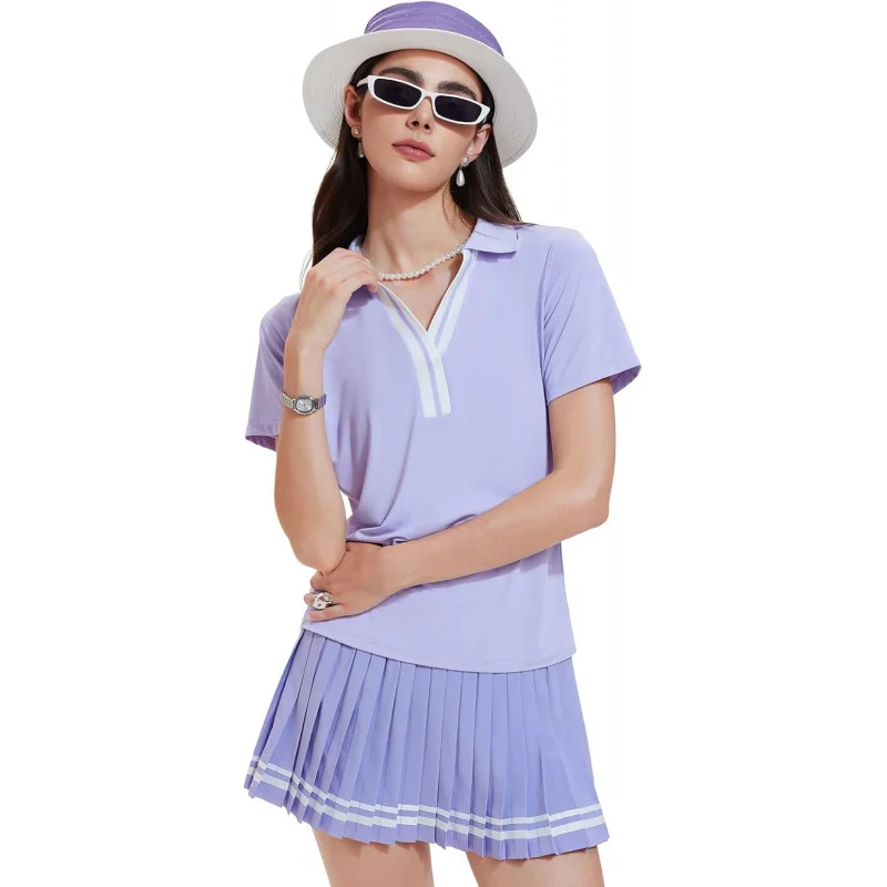 SharpStar Women's Pleated Tennis Skirt Set Polo V-Neck Golf Outfit Pickleball Athletic Skirt with Built-in Shorts