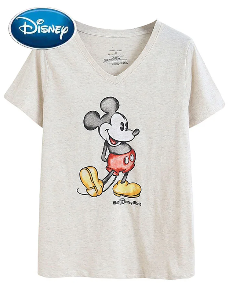 Disney Vintage Mickey Mouse Cartoon Print Distressed Water Washing T-Shirt Women Short Sleeve Deep V-Neck Tee Top Female 2 Color