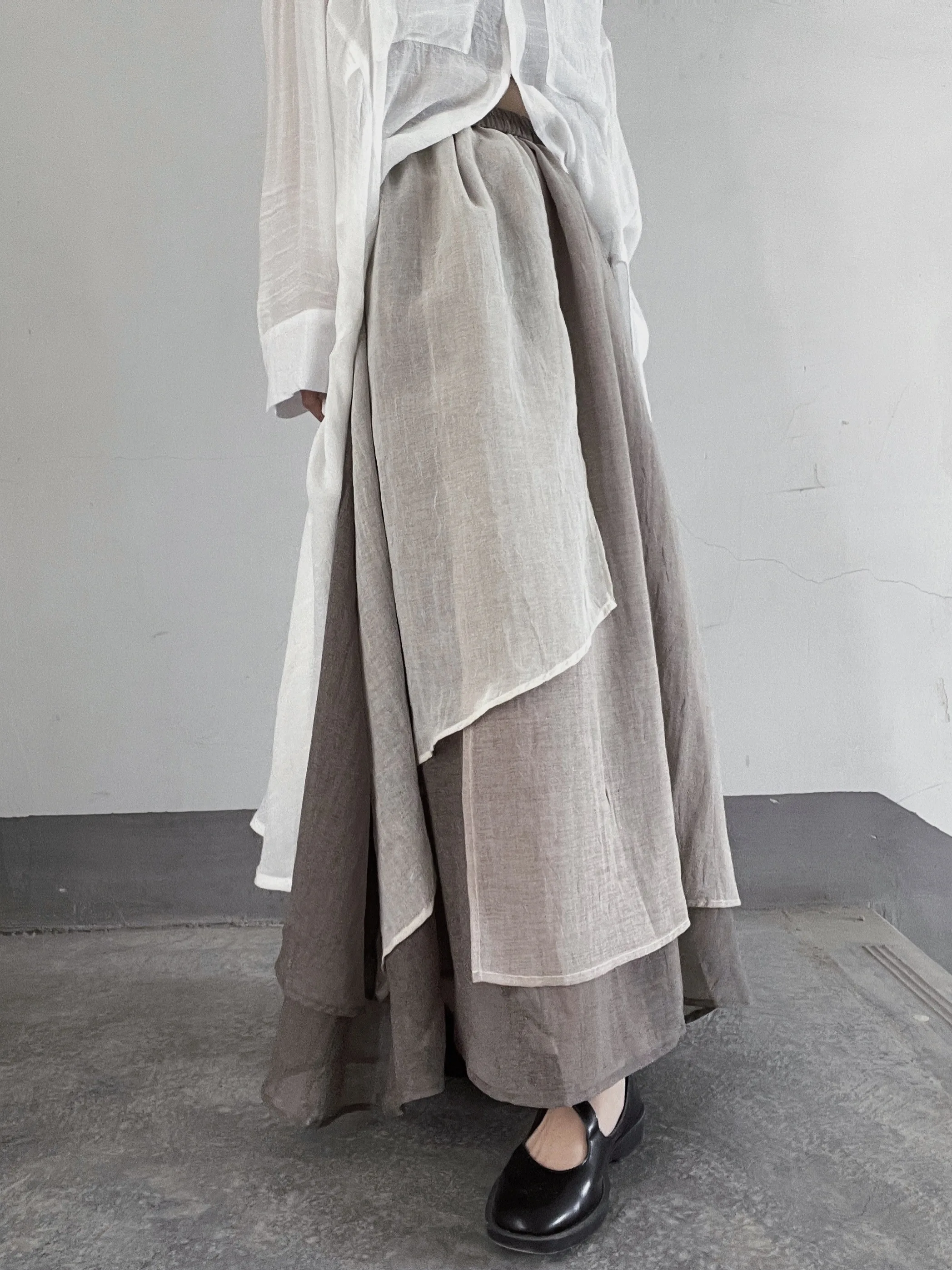 

Artistic Vintage High Waist Asymmetrical Multi-Piece Patchwork Linen Half Skirt Spring Summer Layered Long A-Line Skirt