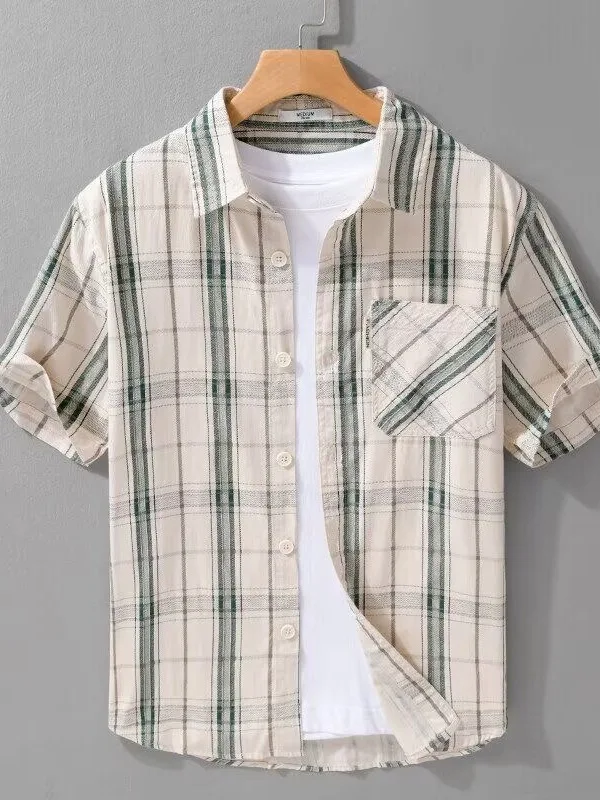 

Casual Plaid Ice Silk Men's Shirt Short Sleeve Breathable Quick Dry Summer Fashion Brand Loose Fit Regular Length Button down