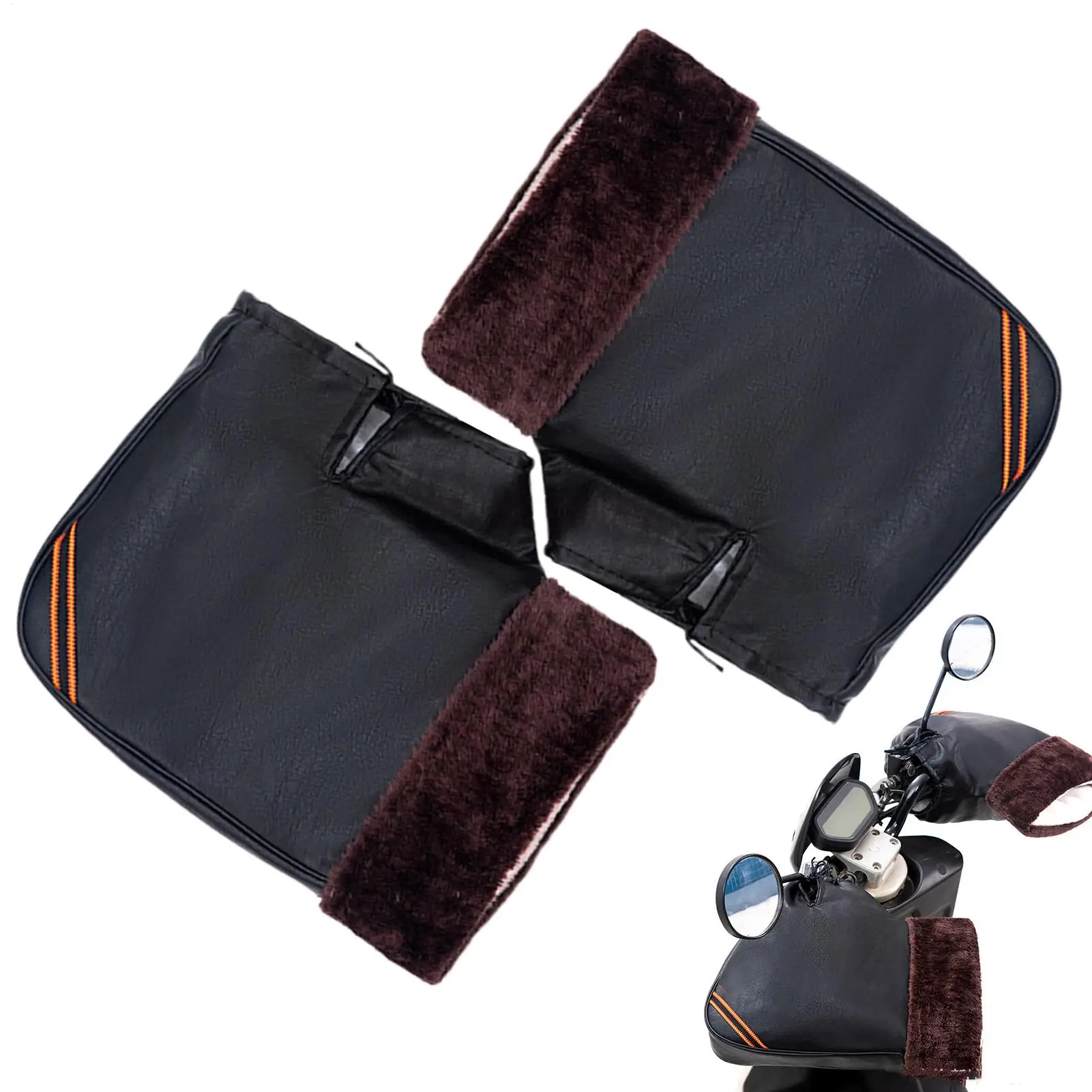 Thick Fleece Lining Motorcycle Handle Mittens Windproof Waterproof Winter Cycling Gloves With Reflective Strip PU Leather Muffs