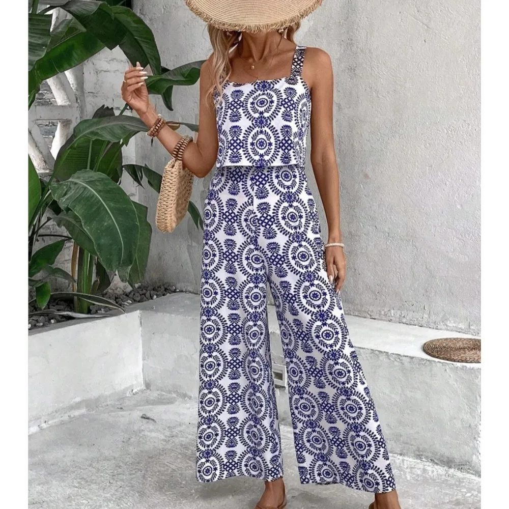 2025 Summer Women's Casual Clothes Print Square Neck Strap Top & Wide Leg Pants Set Temperament Female Fashion Trousers Outfits