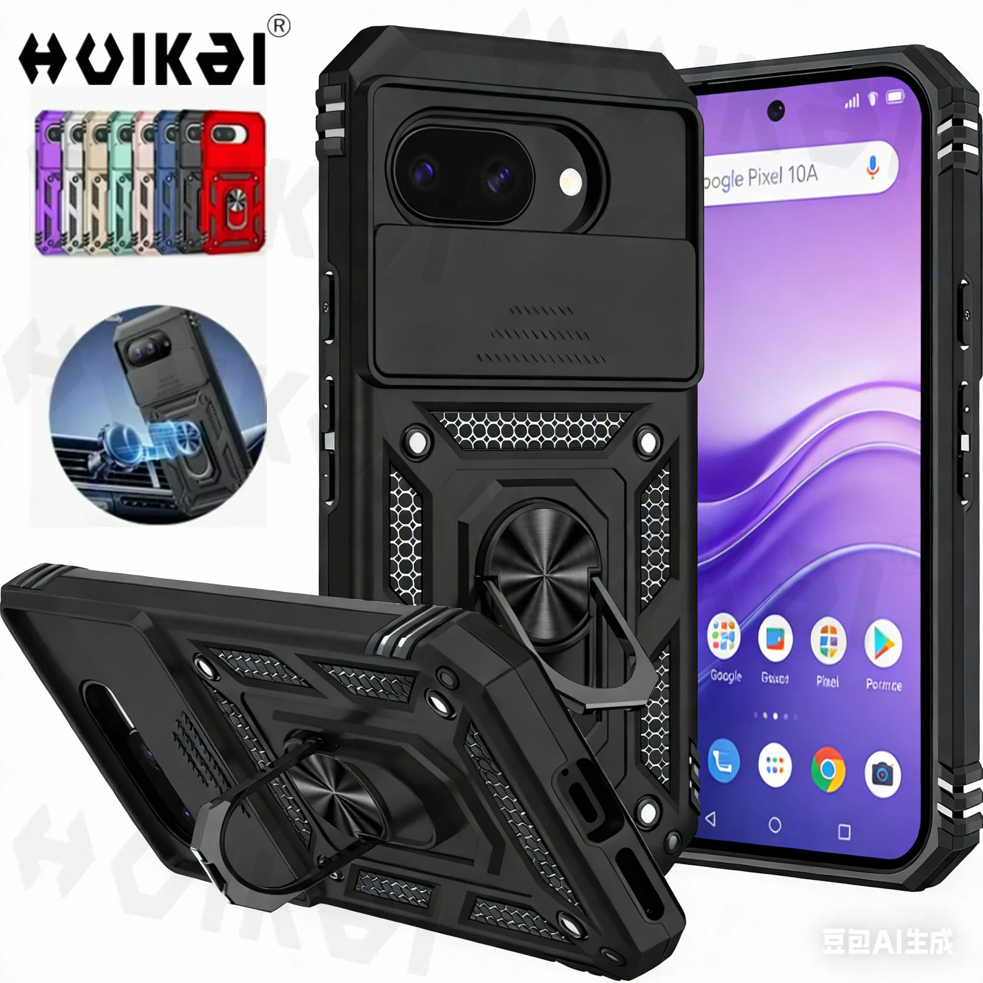 Kamera-Schutzhülle mit Schiebeverschluss für Google Pixel 10A 10 Pro XL 9A 9 Pro 10 Pro, Militär-Ring, magnetischer Ständer, stoßfeste Panzerhülle