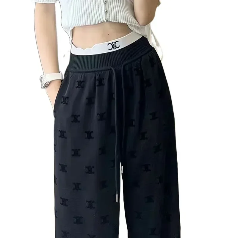 Women's Brand High-waisted Slimming Flocking Pants Straight-leg Casual Retro Draped Elegant Summer Trouser Trendy Straight Pants