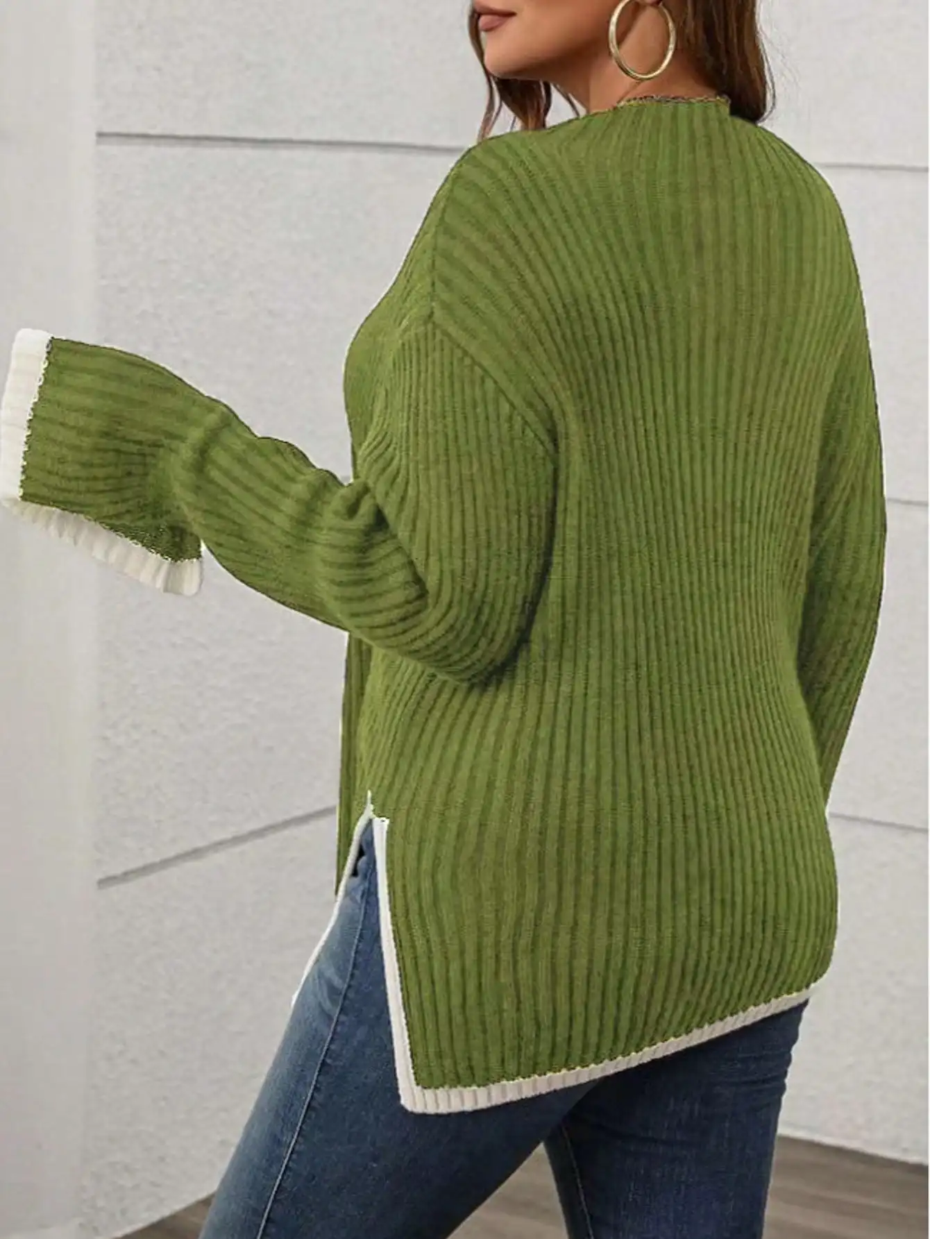 Plus Size Women V Neck Sweater Long Sleeve Asymmetric Hem Contrast Trim Baggy Fit Rib Knit Pullover Autumn Winter Casual
