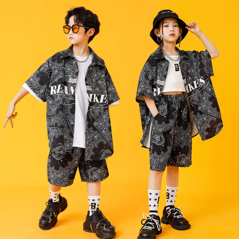 Kids Kpop Hip Hop Clothing Geometry Print Shirt Tops Streetwear Shorts For Girl Boy Jazz Dance Costume Stage Wear  Clothes