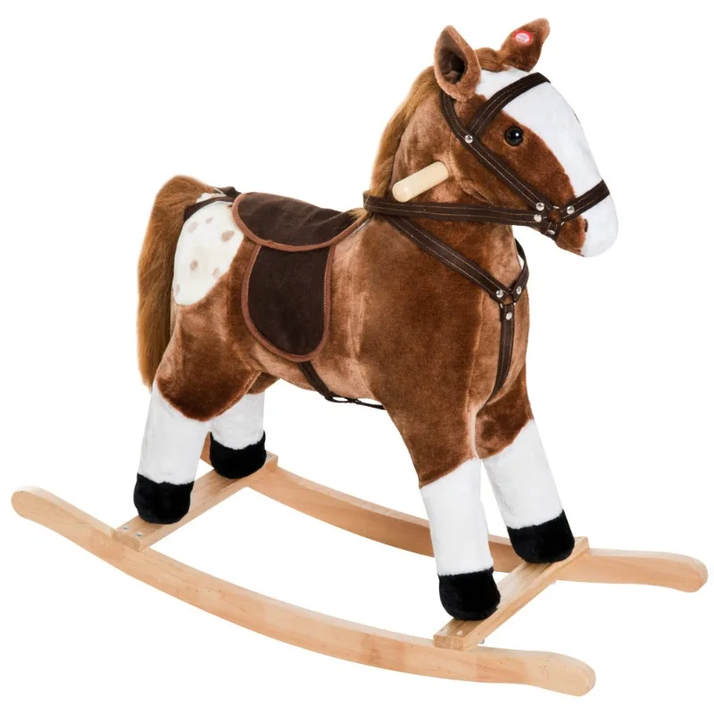 Brown Plush Rocking Horse for Kids Stuffed Ride On Toy with Wooden Base Realistic Horse Design Toddler Animal Rocker Chair