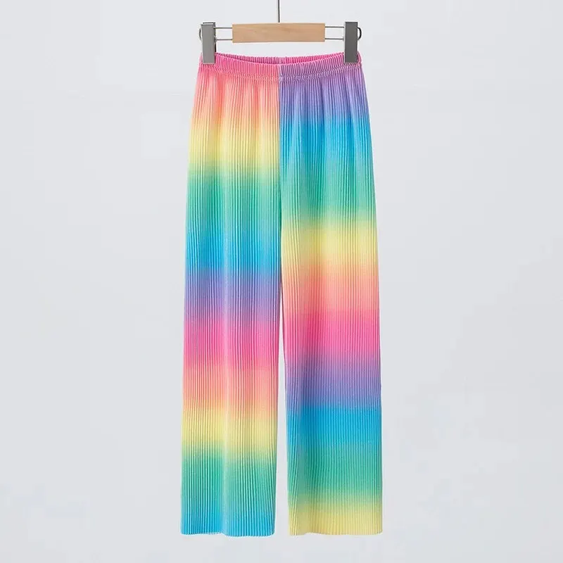 Summer Girls Rainbow Pleated Wide-leg Pants Female Students Comfortable Versatile Elastic Waist Pants.