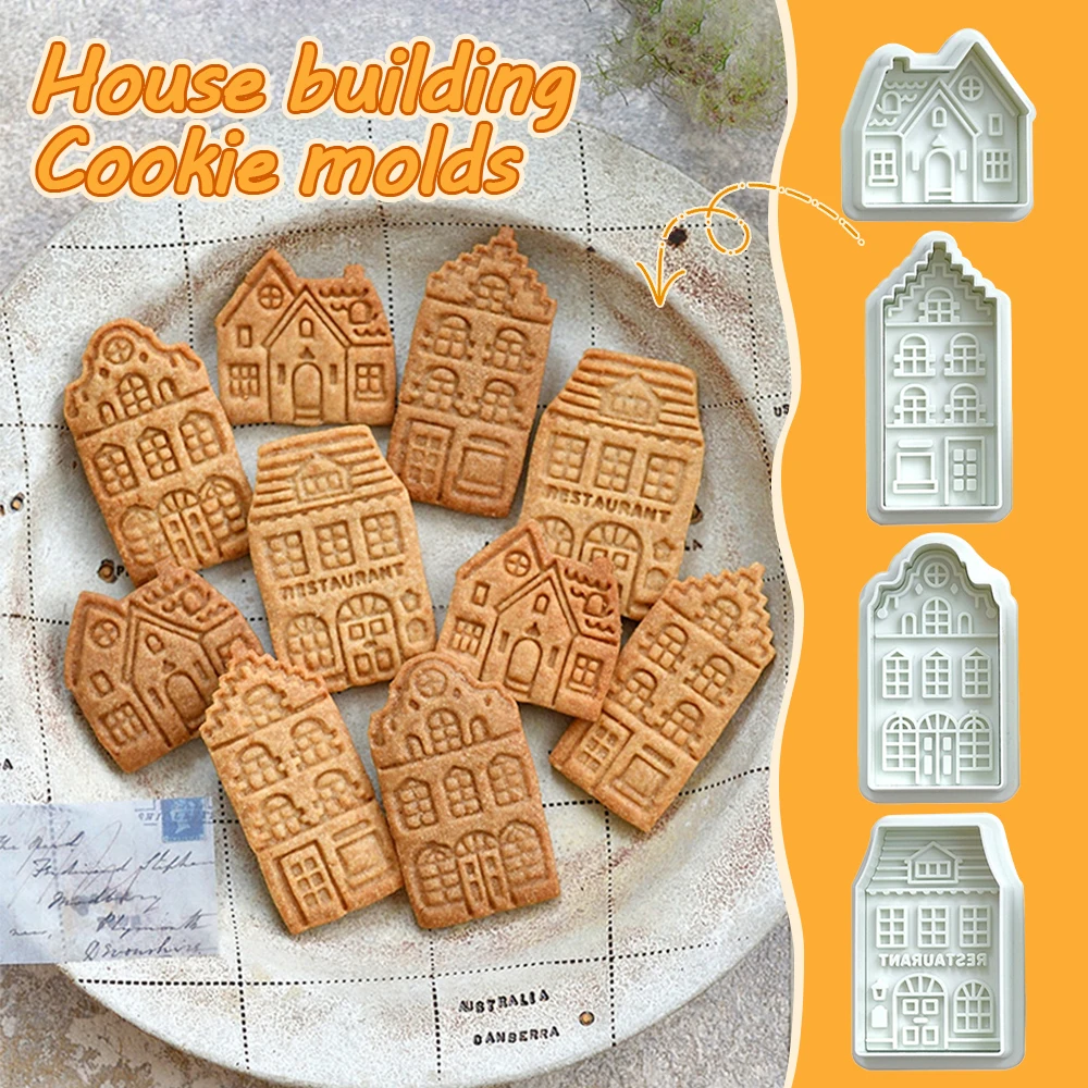 4Pcs Christmas Gingerbread House Pattern Cookie Cutter Biscuit Stamp Fondant Cake Decoration Baking Accessories Kitchen Gadgets