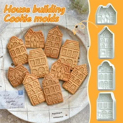 4Pcs Christmas Gingerbread House Pattern Cookie Cutter Biscuit Stamp Fondant Cake Decoration Baking Accessories Kitchen Gadgets
