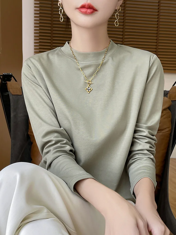 Spring Summer New Sle Women's Long Sve Cotton T-irt Thin Base Layer irt Versatile Top Outerwear f High Collar