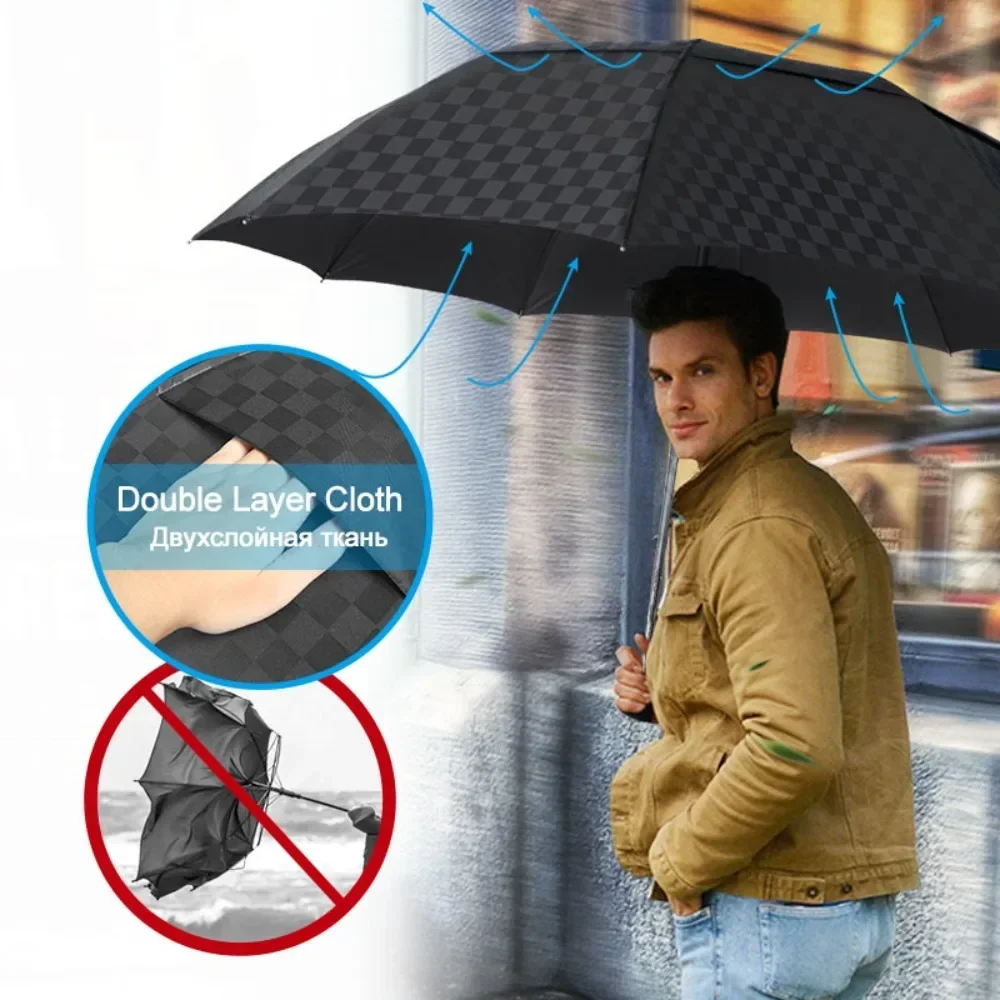 

Windproof 3Folding Umbrella Rain Women Men Double Layer Big 10K Business Umbrellas Male Dark Grid Paraguas Family Travel Parasol