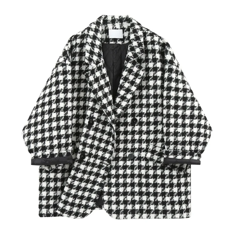 Houndstooth Woolen Coat Women's Autumn and Winter 2022 New Quilted Thickened Korean Version Loose Mid-length Woolen Coat Commute