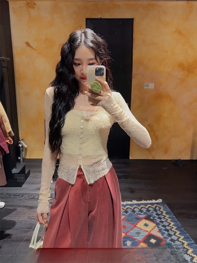 

Женский длинный свитер-кардиган из хлопка Sangji Bla Flower Cloud, вязаный, с U-образным вырезом, модный, новинка 2024 года