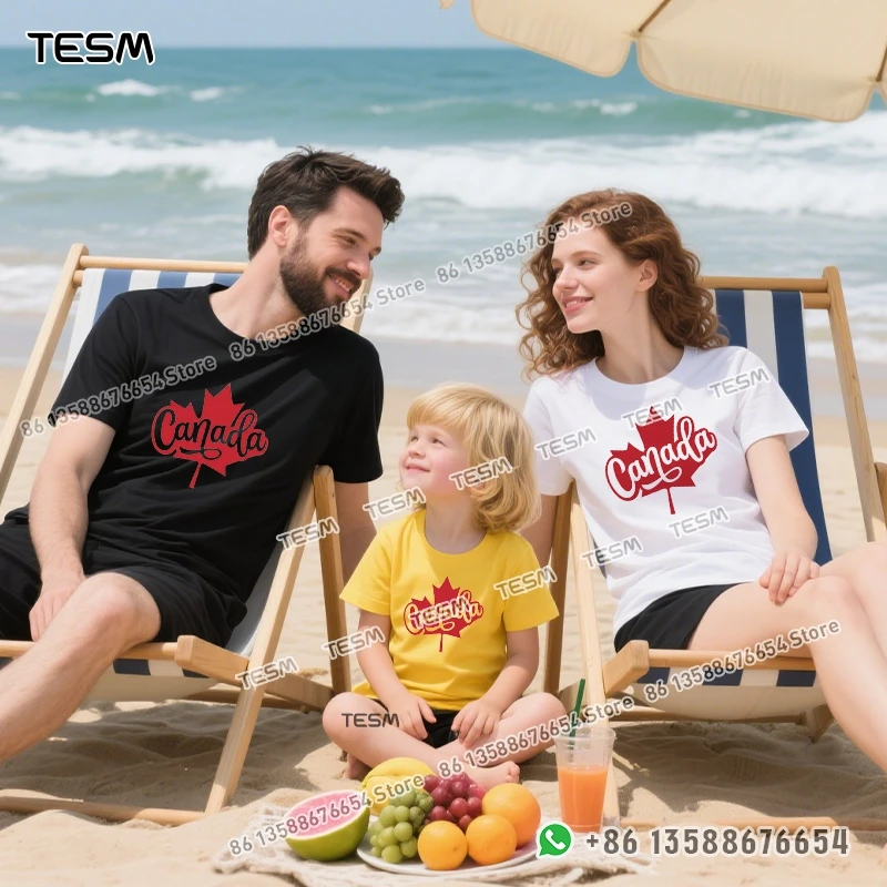 TESM Maple Leaf Print Men Cotton T-shirt Casual Loose Short-sleeve Party Parent-child Outfit Mom Dad Family Vacation Top
