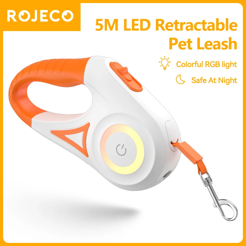 ROJECO 5M Automatic Dog Leash Retractable LED Luminous Leading Fashion Light Straps For Dog Puppy Pet Flexi Walking Running Lead