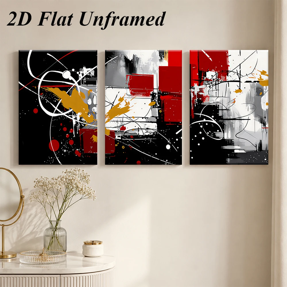 1 set of modern abstract triptych frameless decorative paintings, simple red black platinum creative murals, 2D plan