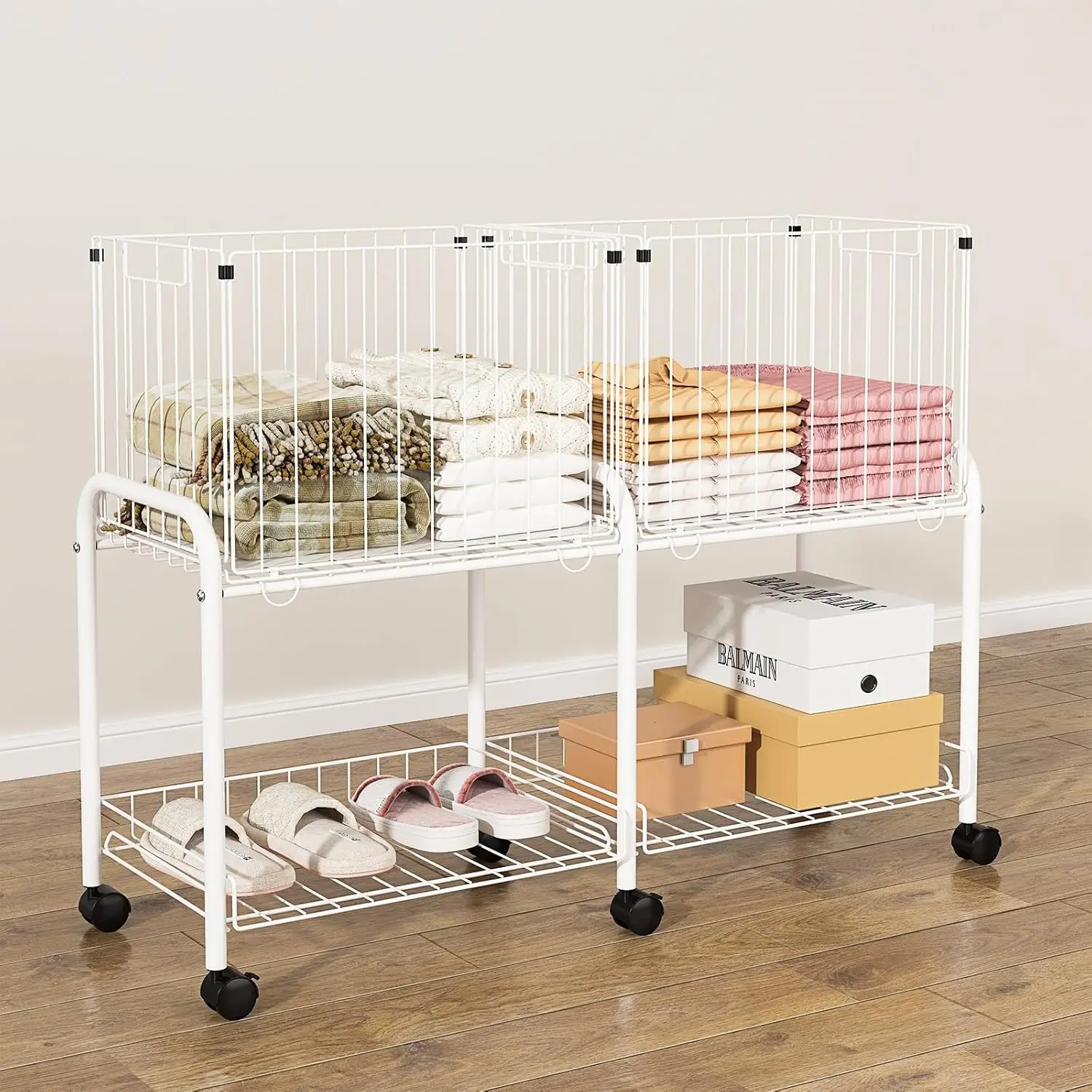 

Rolling Laundry Cart with Wheels,76L Laundry Hamper Sorter Trolley with Extra Shelf,2 Removeable Collapsible Wire Storag