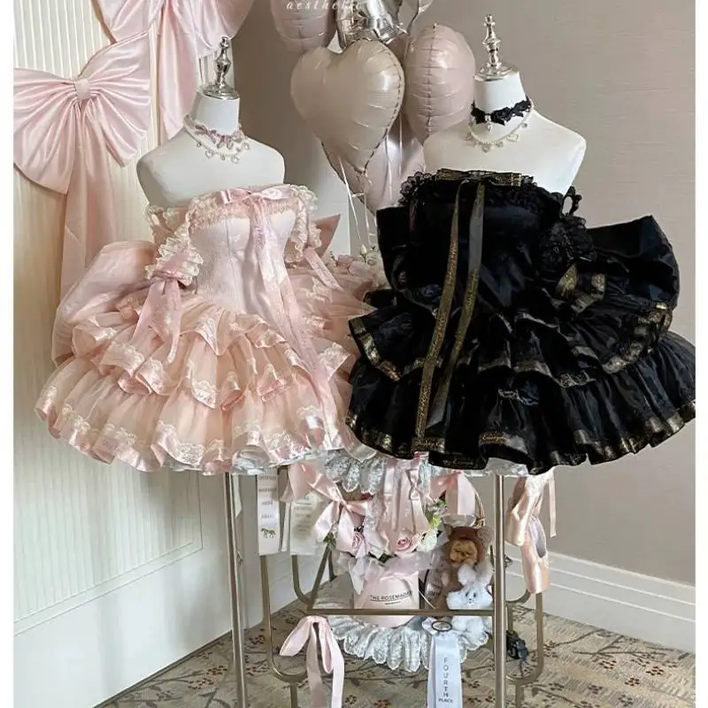 

Women Gothic Black Gold Print Mini Dress Off Shoulder Ruffle Tiered Skirt Lace Up Corset Dark Lolita Princess Party Dress