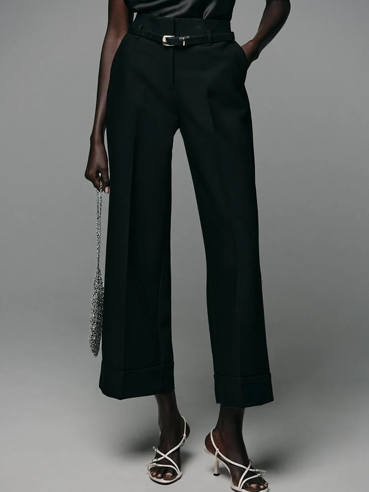 

Модные длинные брюки с высокой талией, женские зимние новые брюки с манжетами и поясом, прямые брюки