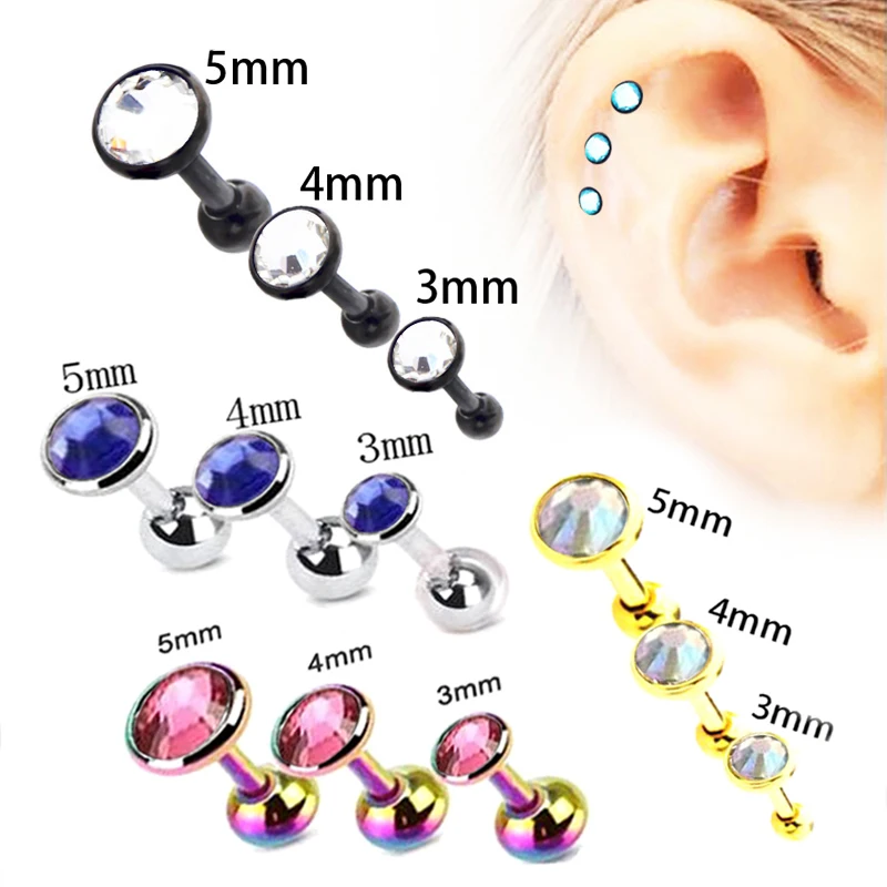 3 Pair Golden Black Steel Ear Stud Cartilage Tragus Helix 6mm Bar Barbell 3/4/5mm Gem Earrings Piercing Set 16g