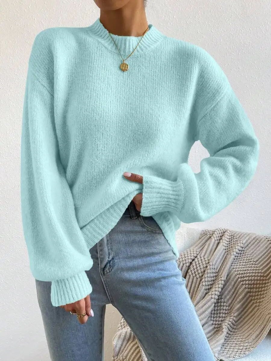 Mock Neck Drop Shoulder Long Sleeve Knit Sweater