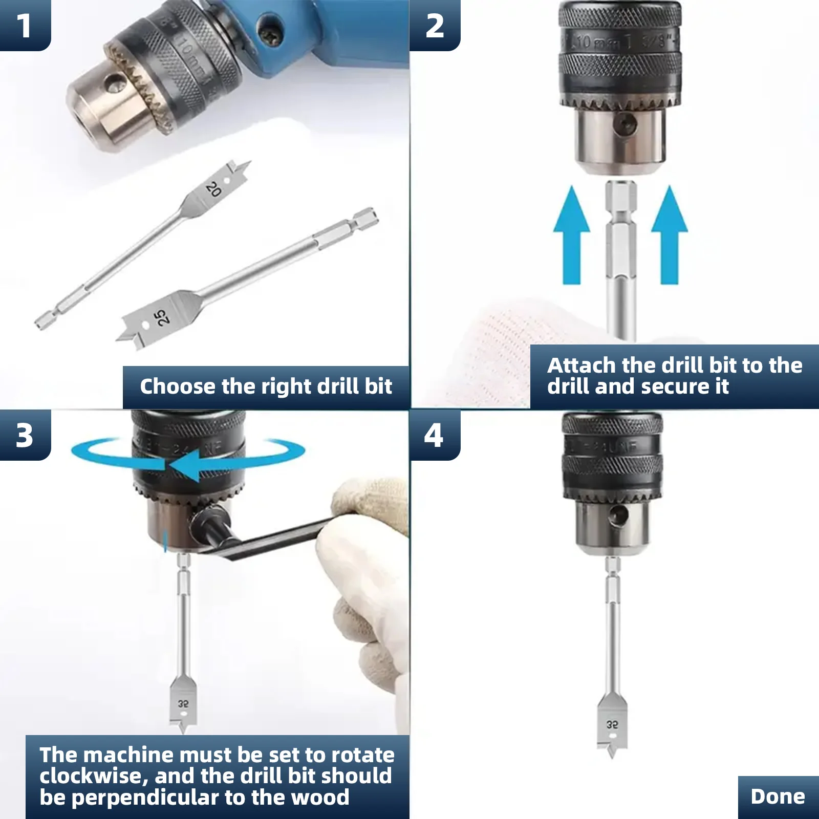 10-teiliges Spatenbohrer-Set aus Hochkohlenstoffstahl, 6-32mm Sechskantschaft Holzbohrer mit Verlängerungsstab & Inbusschlüssel – Detail 3