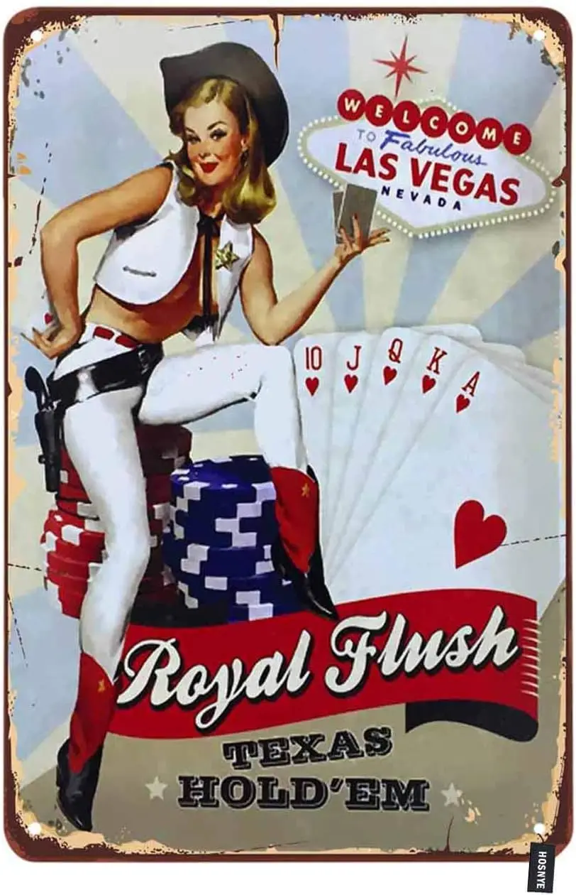 HOSNYE Pin Up Girls Tin Sign Welcome to Las Vegas Nevada Playing Cards Vintage Metal Signs for Men Women Wall Art Decor Home Bar