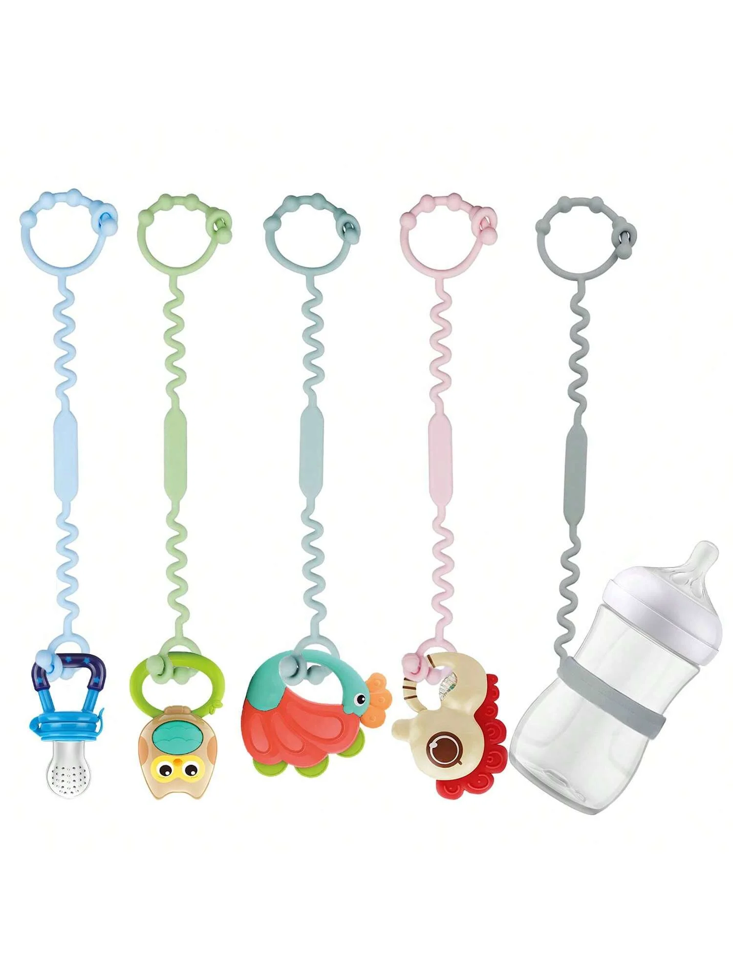 5PK Silicone Toy Straps. Safety Leashes for Bottles & Teething Toys for 0-18M. Perfect for Strollers, Highchairs & Car Seats.