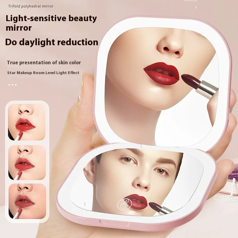 

Double Sides Touch Travel Led 3 Colors Mini Foldable Cosmetic Charge Makeup Mirror With Light 3X Magnifying Compact Handheld