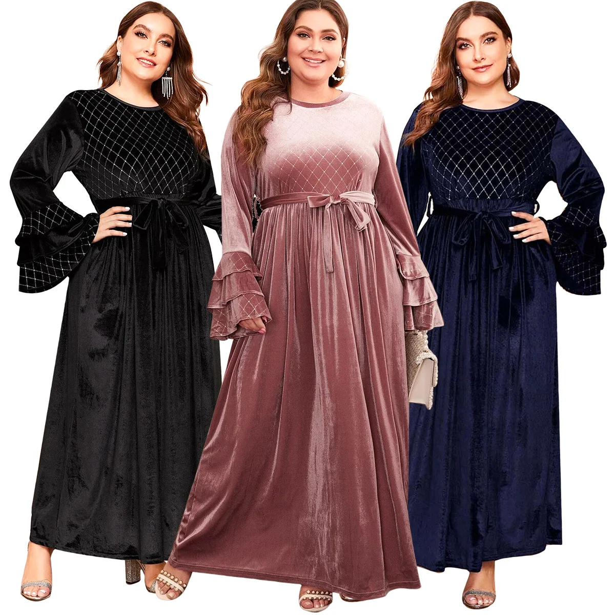 Muslim women loose plus size casual women winter dress large size printed long sleeve round neck A-line party dress