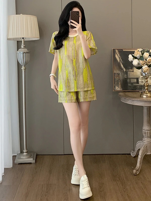 

Trendy American Casual Sports Set Women's Yellow Short Sleeve T-Shirt Shorts Two-Piece Suit Summer Fashion Anti-Aging Cotton ...