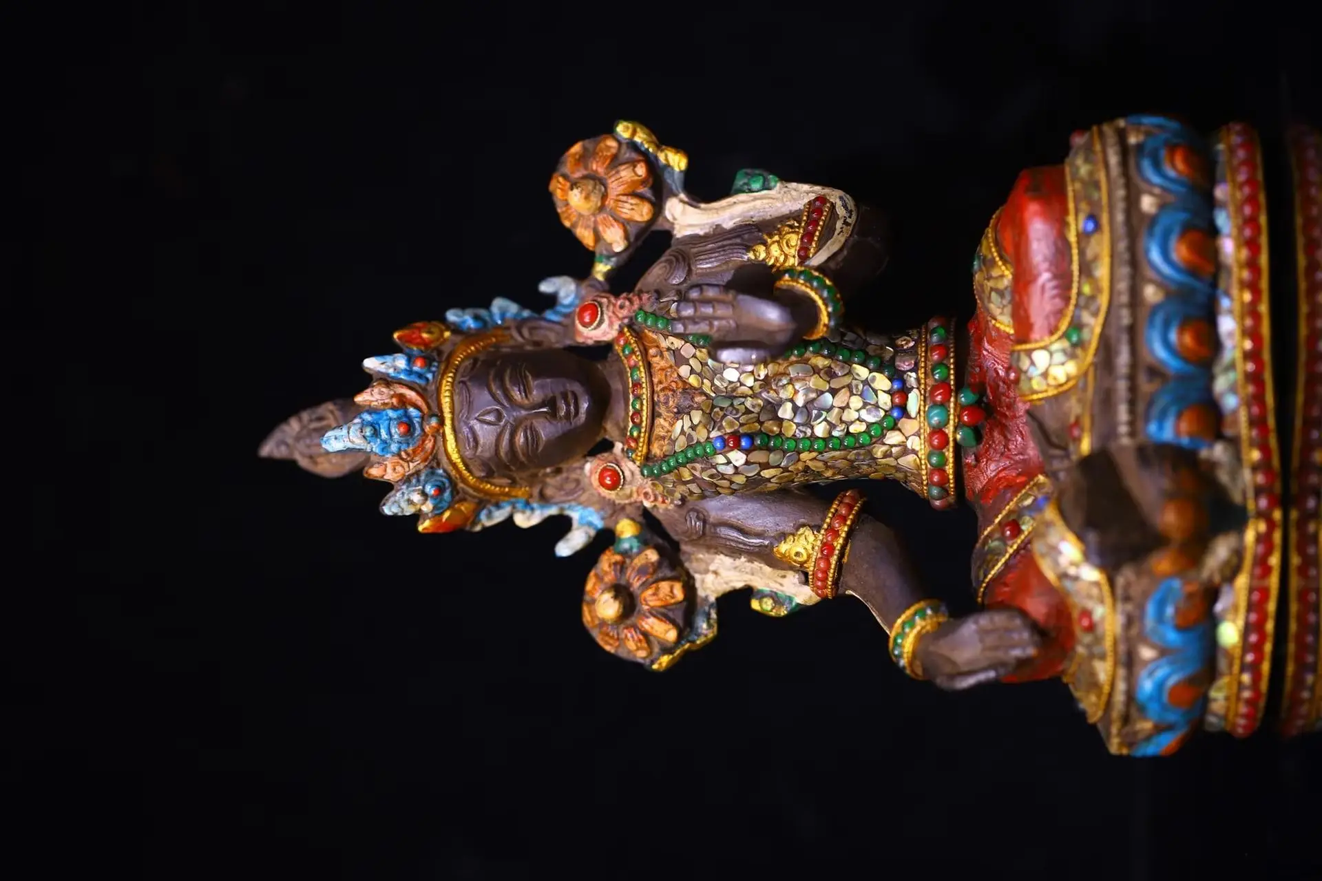 

8"Tibetan Temple Collection Old Bronze Mosaic Gem gZi Beads Shell Green Tara Sitting Buddha Worship Hall Town house Exorcism