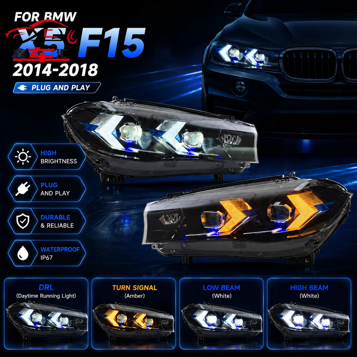 

Car LED Headlight Light Lamps For BMW X5 X6 F15 F16 2014-2018 Auto Fog DRL Brake Turn Signal Lamp Plug And Play