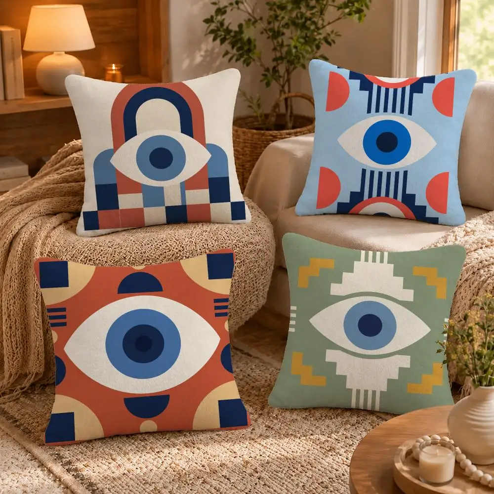 Pattern Block Geometric Evil Eye Cushion Cover Short-Plush Cushion Cover Pillowcase — Suitable for Sofas Bedrooms and Home Decor