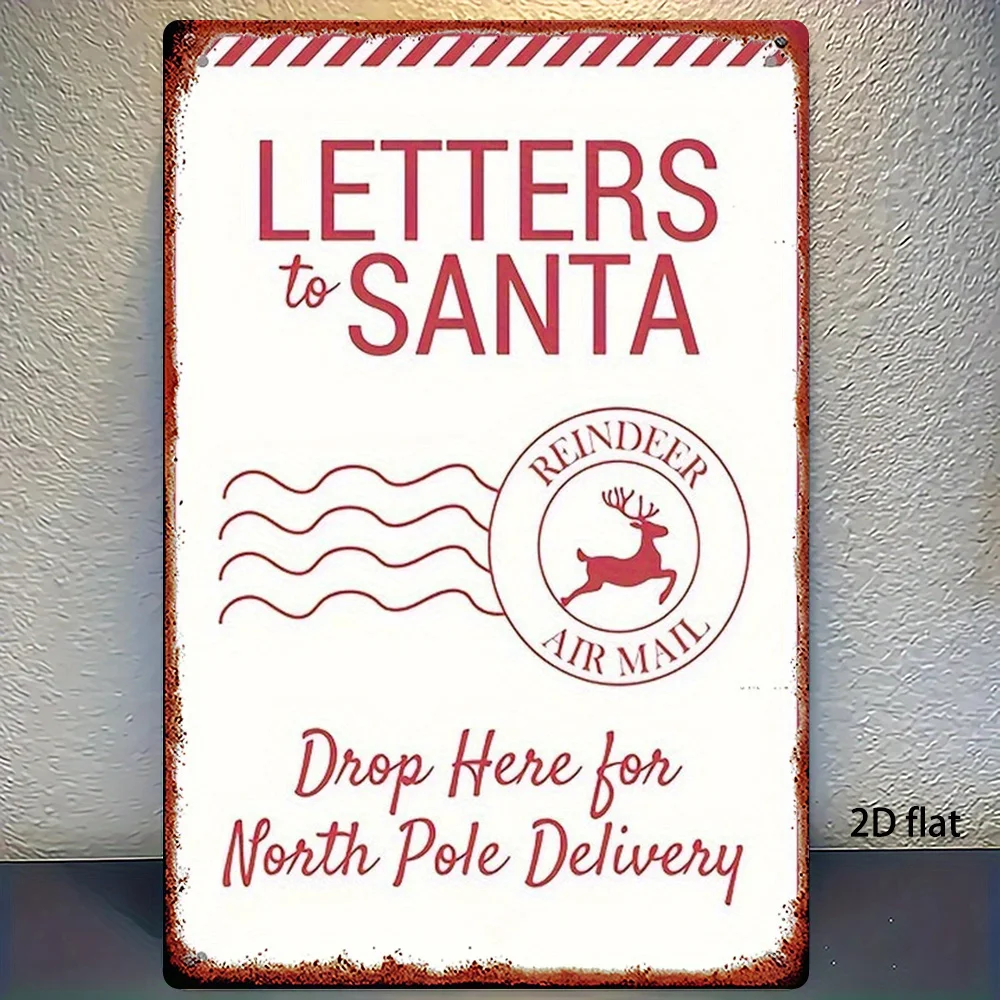 Vintage Santa Letters to Santa Metal Sign - Reindeer Air Mail Design, Durable Iron Wall Hanging Decor for Home, Bar, Bedroom,