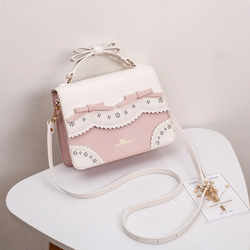 Japanese Sweet Cute Lolita Bow Girl Wound Shoulder Messenger Bags Female Daily Commuter Flower Lo Bag Small Square Bag for Women