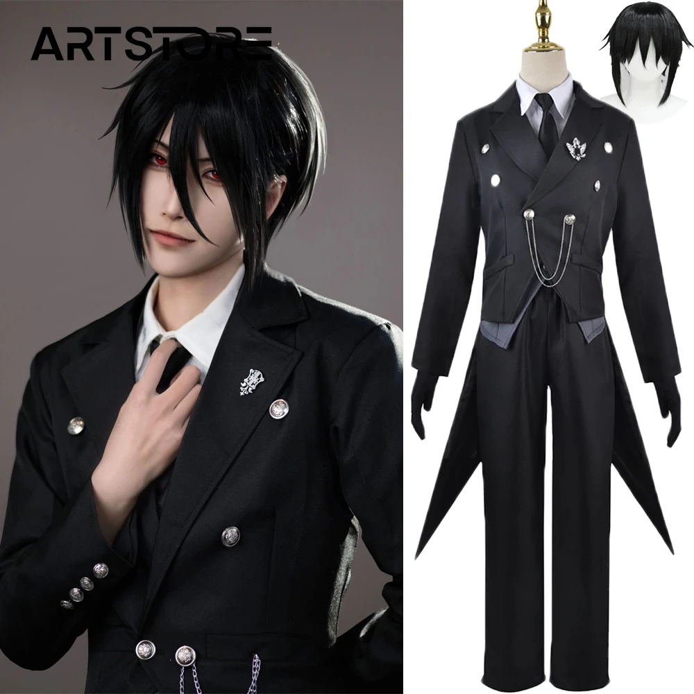 Black Butler Cosplay Anime giapponese Kuroshitsuji Sebastian Michaelis Costume Cosplay uniformi Unisex 8 pezzi con adesivo tatuaggio